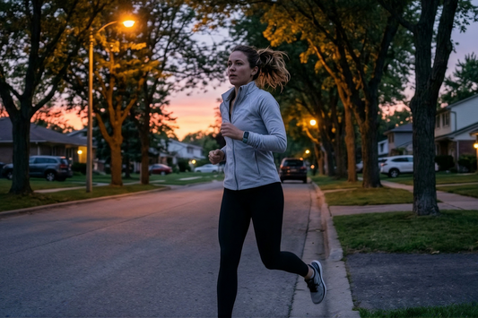 Woman running at dusk in black leggings and a light zip up jacket on a fall evening