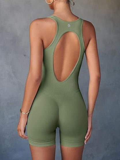 Women’s Ribbed One-Piece Yoga Jumpsuit – Padded, Backless & Tummy Control