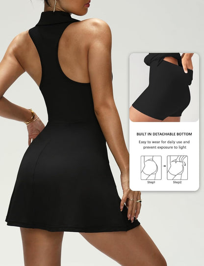Women’s Tennis & Golf Dress – Polo Collar Racerback with Built-In Shorts