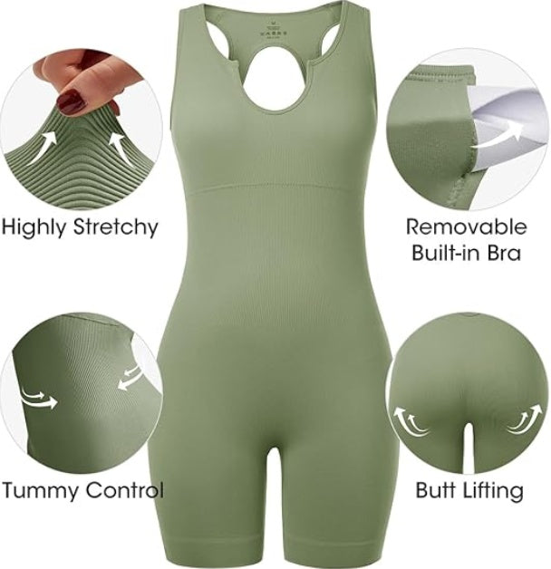 Women’s Ribbed One-Piece Yoga Jumpsuit – Padded, Backless & Tummy Control