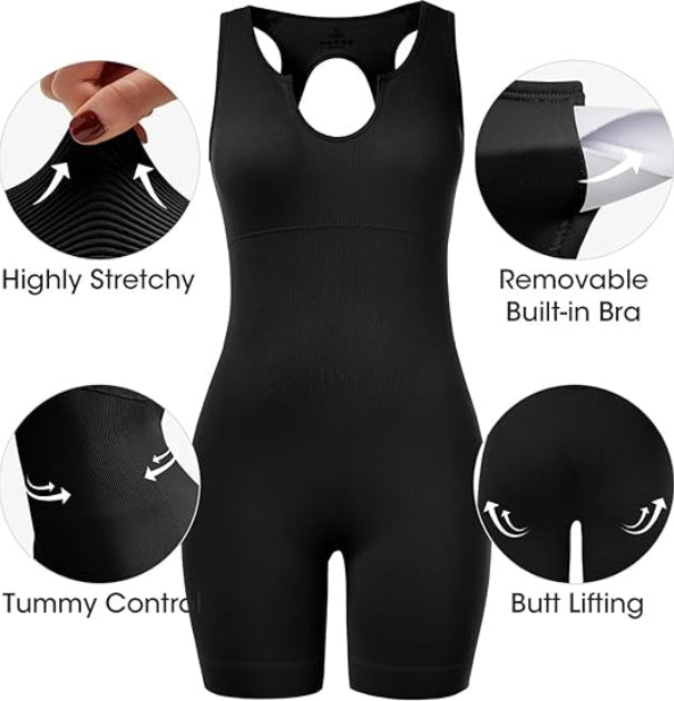 Women’s Ribbed One-Piece Yoga Jumpsuit – Padded, Backless & Tummy Control