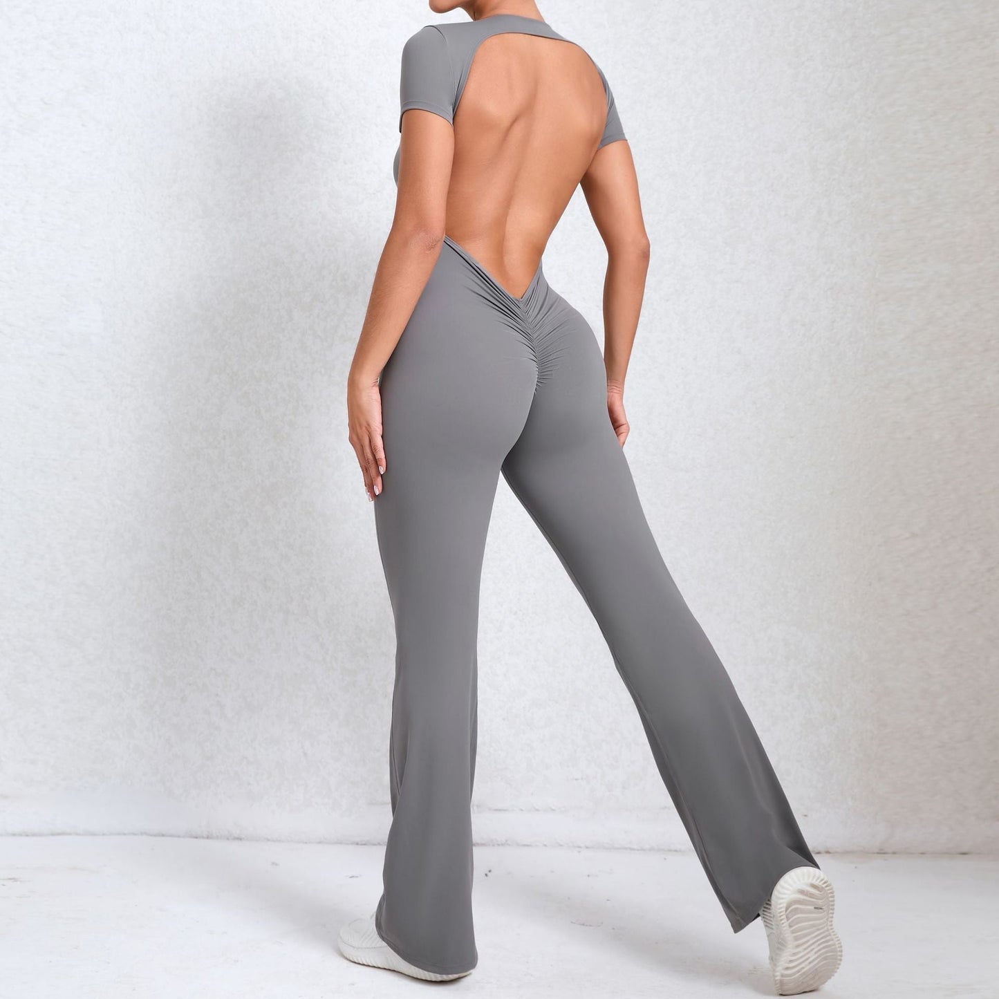 Bare Back Short Sleeve Nude Feel Yoga Outer Wear Fitness Sports Jumpsuit