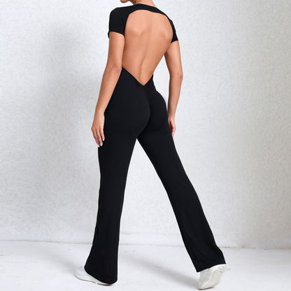 Bare Back Short Sleeve Nude Feel Yoga Outer Wear Fitness Sports Jumpsuit