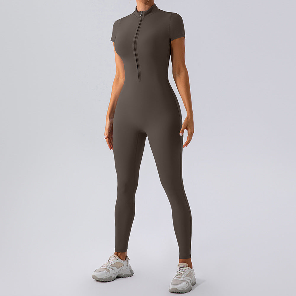 Women’s Zipper Yoga Jumpsuit – Short Sleeve Workout One-Piece