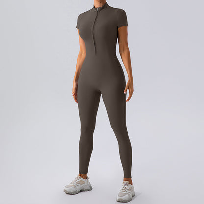 Women’s Zipper Yoga Jumpsuit – Short Sleeve Workout One-Piece
