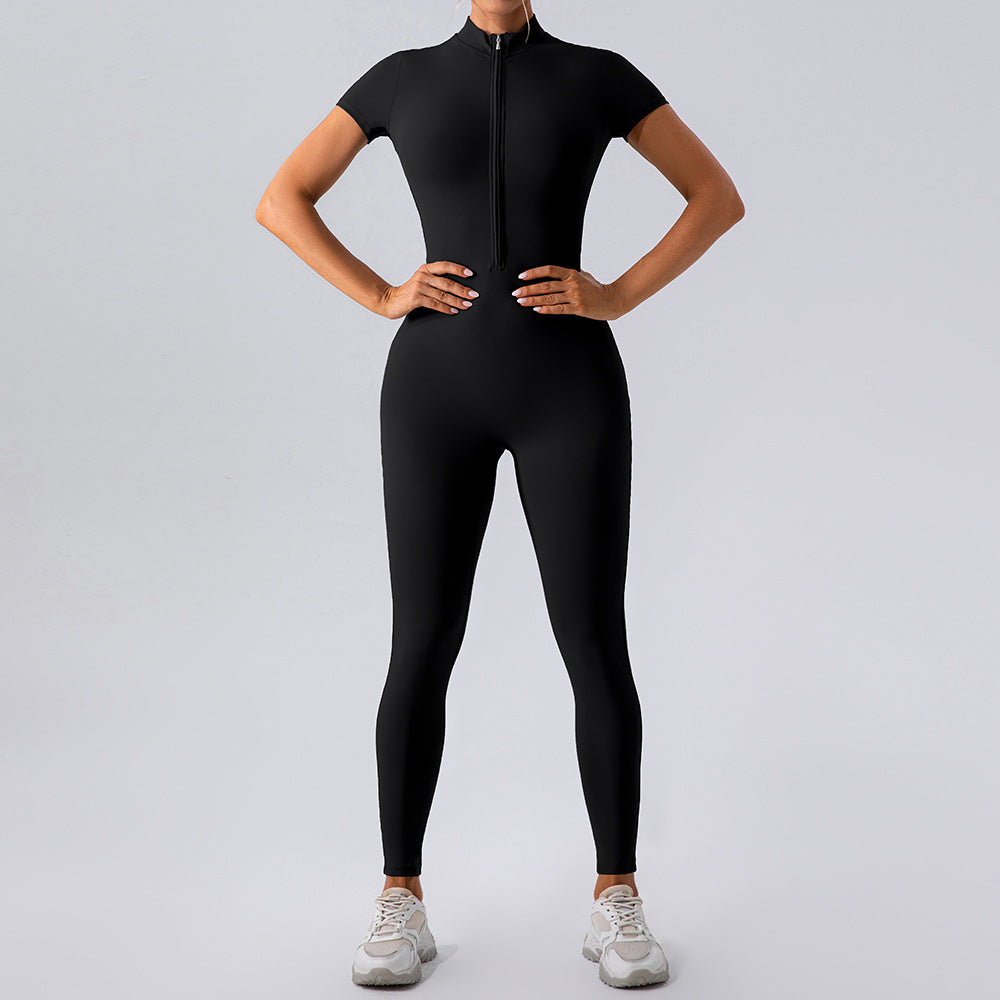 Women’s Zipper Yoga Jumpsuit – Short Sleeve Workout One-Piece