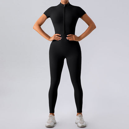 Women’s Zipper Yoga Jumpsuit – Short Sleeve Workout One-Piece