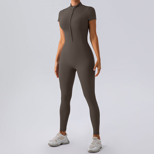 Women’s Zipper Yoga Jumpsuit – Short Sleeve Workout One-Piece