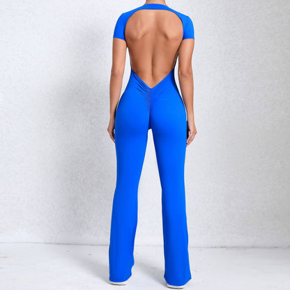 Bare Back Short Sleeve Nude Feel Yoga Outer Wear Fitness Sports Jumpsuit