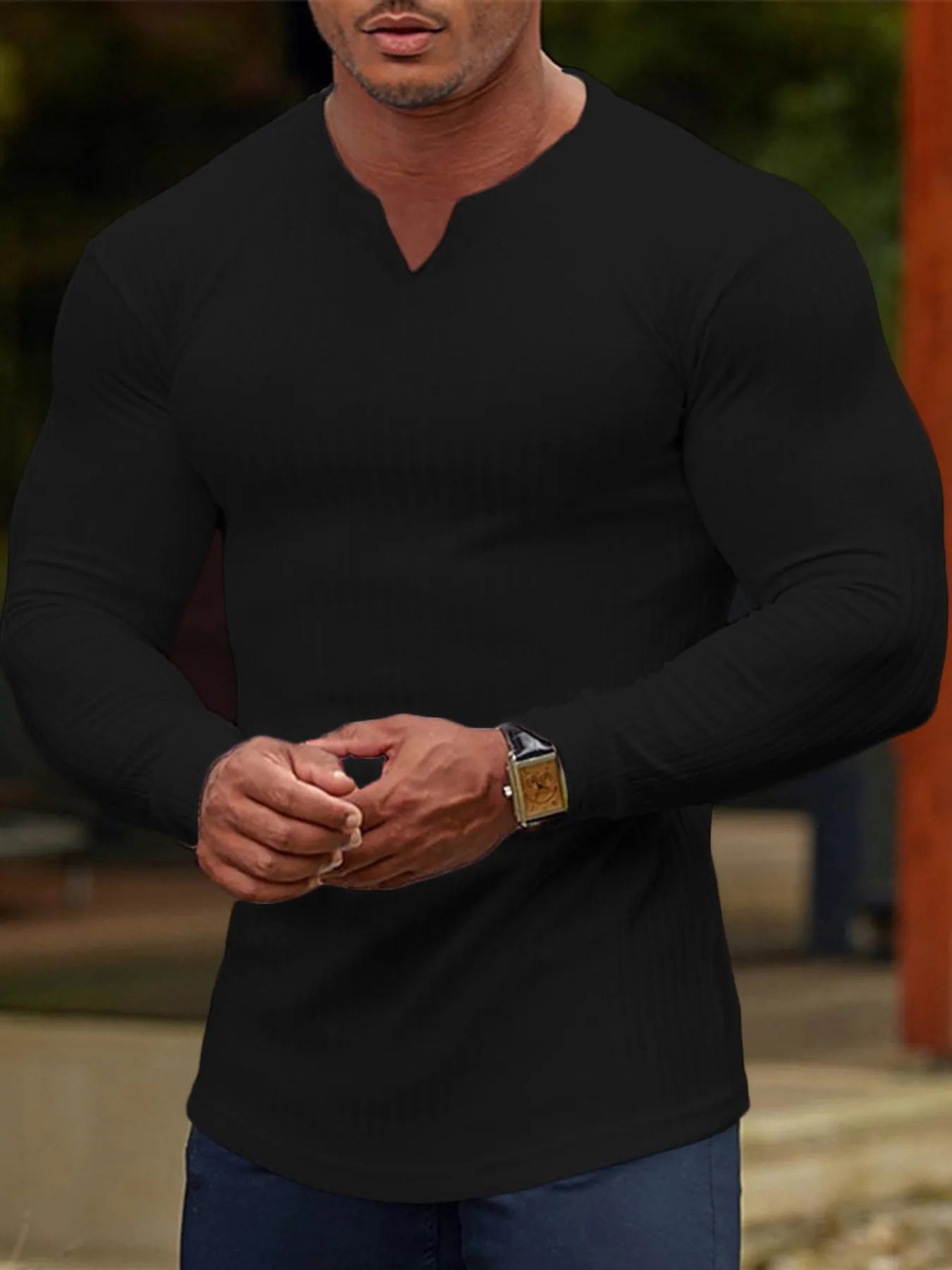 Men's Plus Size Athletic Long Sleeve Notched T-Shirt