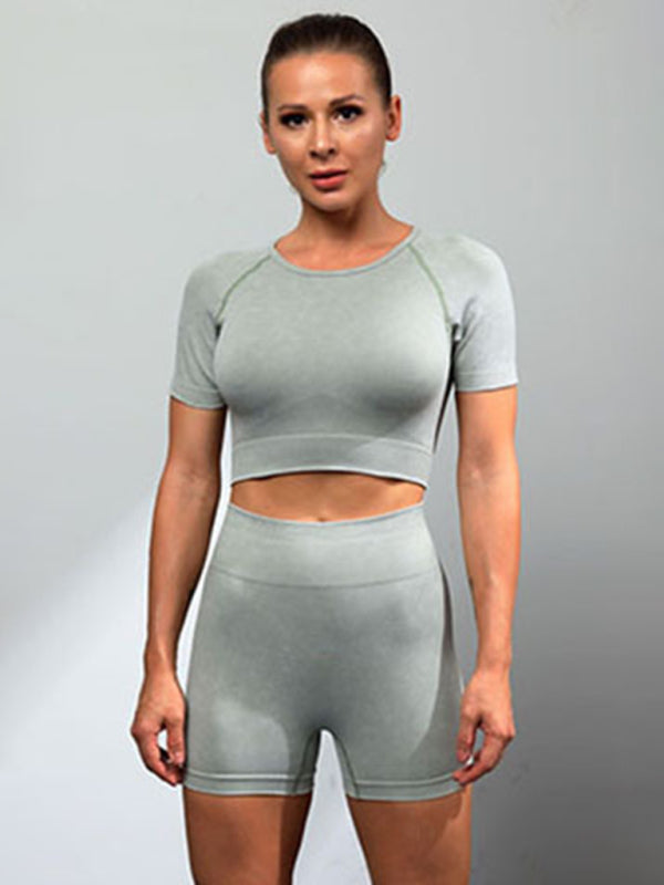 Women's Multi-Color Yoga Sports Short Sleeve & Shorts Set