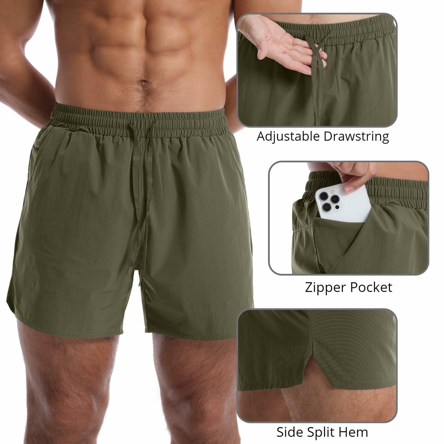 OEBLD Men's Athletic Running Shorts 5 Inch Quick Dry Army Green Size L